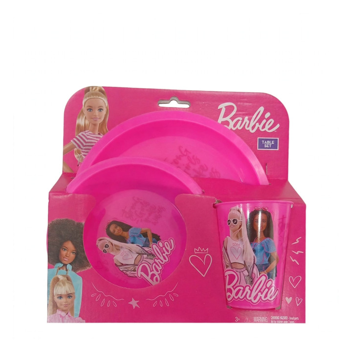 Set Barbie in PVC piatto piano+piatto fondo +bicchiere colore fucsia